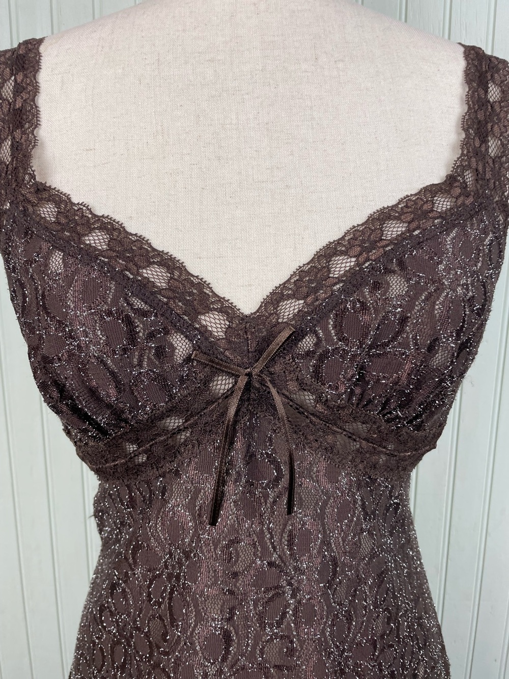 Vintage Y2K Morgan Taylor Intimates Brown Glitter Babydoll Slip Dress Fairycore - Picture 2 of 11